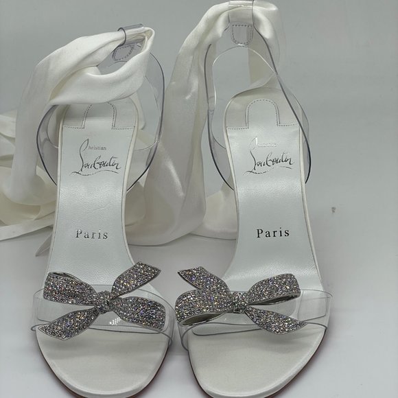 Christian Louboutin ASTRINODO Crystal Bow Silk Tie PVC Heels Sandals Shoes - Picture 7 of 16